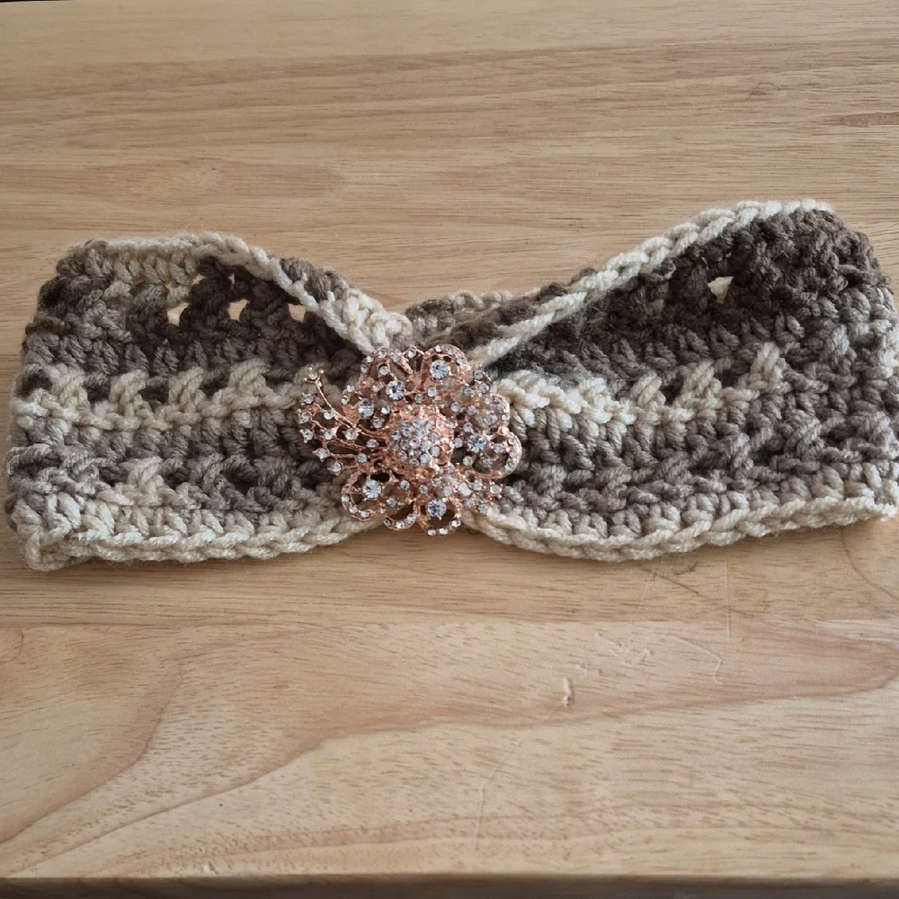 Crocheted Neutral Gradient Headband with Rose Gold Floral Brooch